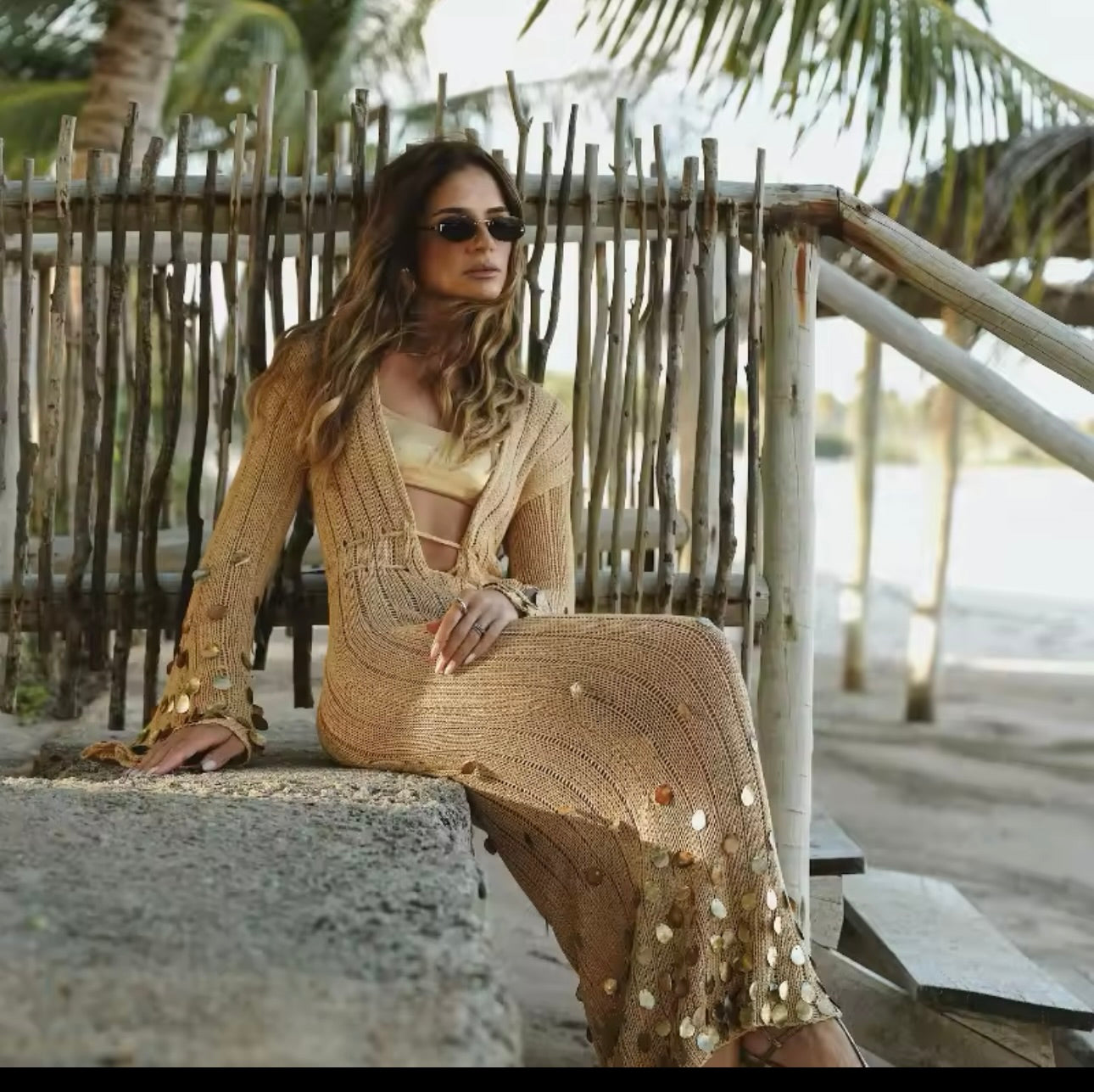 Beige and Gold Sequin Maxi Dress Embellished Dress Vacation Dress