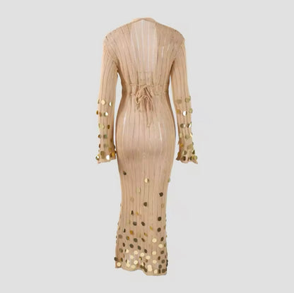 Beige and Gold Sequin Maxi Dress Embellished Dress Vacation Dress