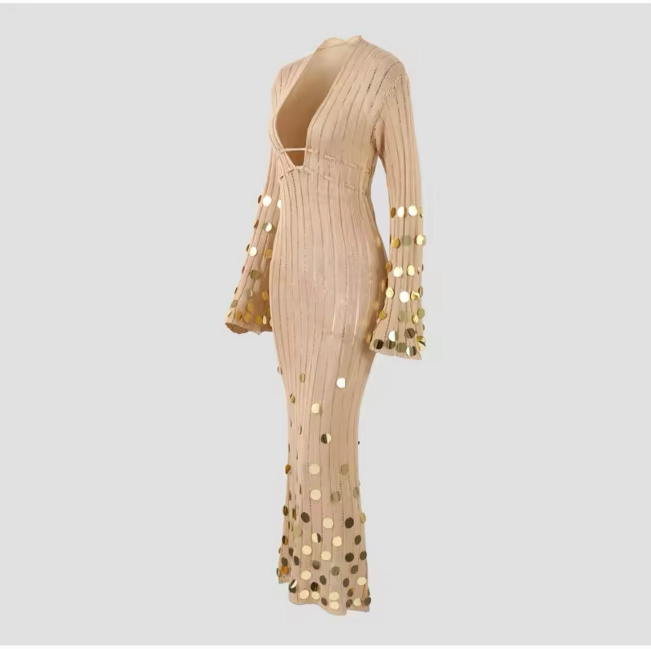 Beige and Gold Sequin Maxi Dress Embellished Dress Vacation Dress