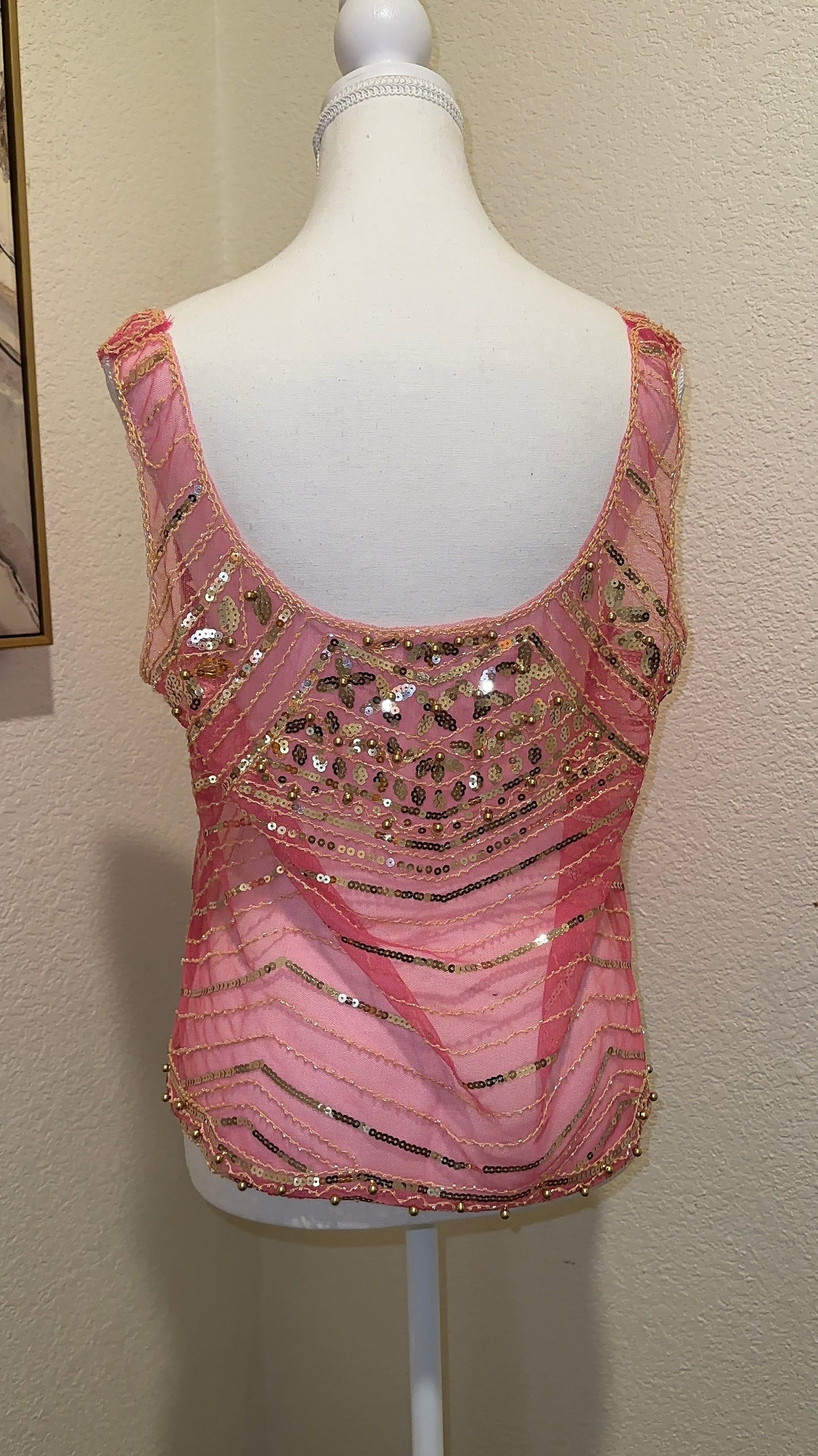 Pink and Gold Sequin Top Sheer Embellished Top Boho Sequin Top