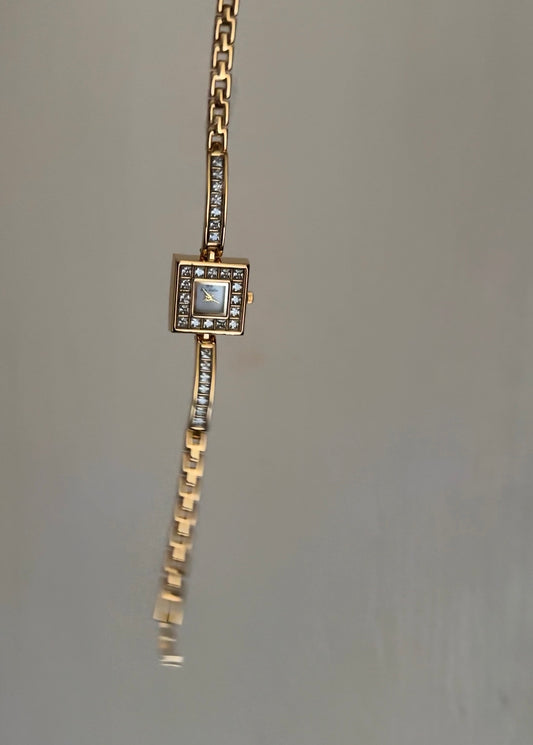 Vintage, Art-Deco Inspired Women's Square Gold Rhinestone Watch