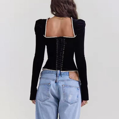 Velvet Black Square Neck Corset Top Black Corset Blouse with Pearls and Puff Sleeves