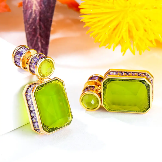 18k Gold-plated Purple and Green Gemstone Dangle Earrings