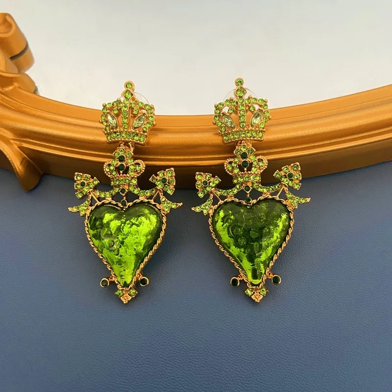 Gold Green Crown Jewel Earrinfs