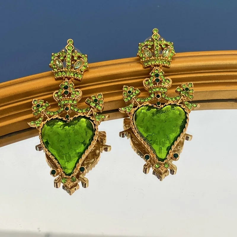 Gold Green Crown Jewel Earrinfs