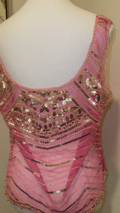 Pink and Gold Sequin Top Sheer Embellished Top Boho Sequin Top