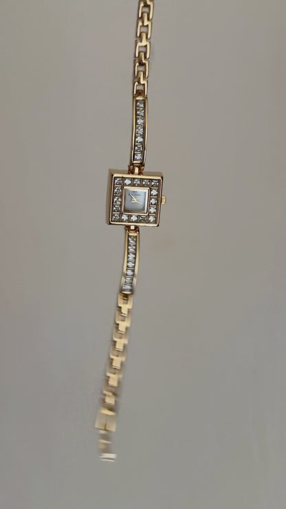 Vintage, Art-Deco Inspired Women's Square Gold Rhinestone Watch