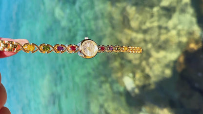 Vintage Gold Watch, Women's Gold Watch, Unique Watch, Rainbow Gemstone Watch, Vintage Inspired Watch, Mother's Day Gift