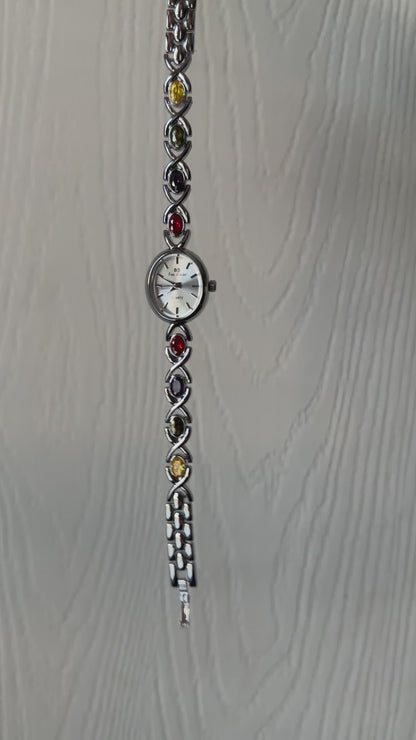 Women's Vintage Inspired Silver Rainbow Gemstone Watch