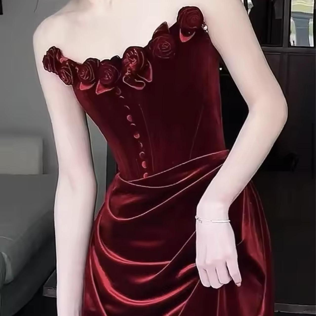 Burgundy Velvet Corset Dress Velvet Corset Maxi Dress Gown with Rose Details