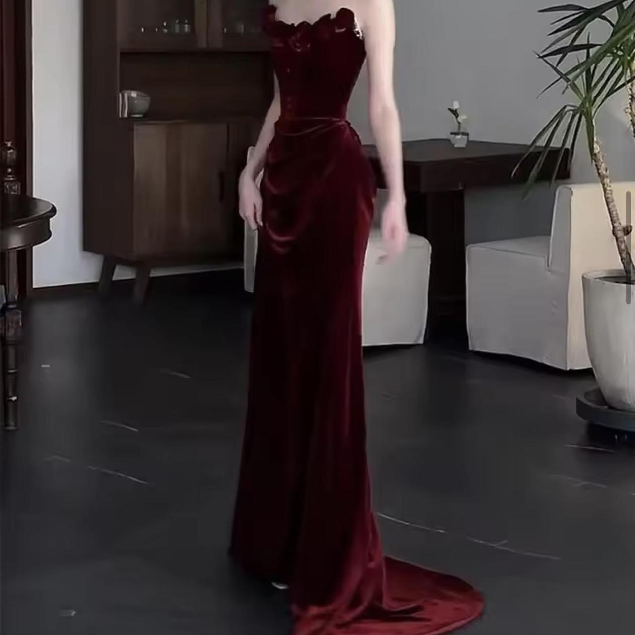 Burgundy Velvet Corset Dress Velvet Corset Maxi Dress Gown with Rose Details