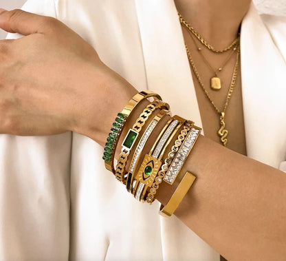 Gold-plated Green Gemstone Cuff Bracelet