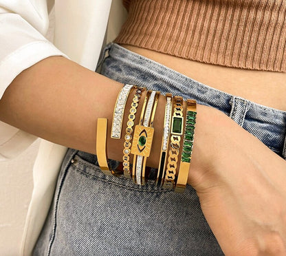 Gold-plated Green Gemstone Cuff Bracelet